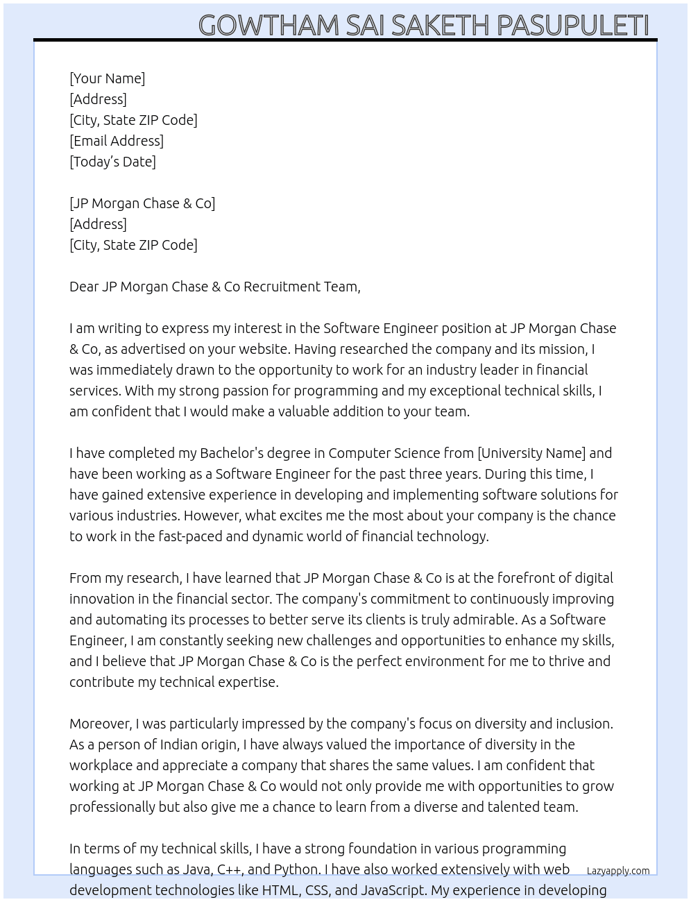 Software Engineer At JP Morgan Chase & Co Cover Letter
