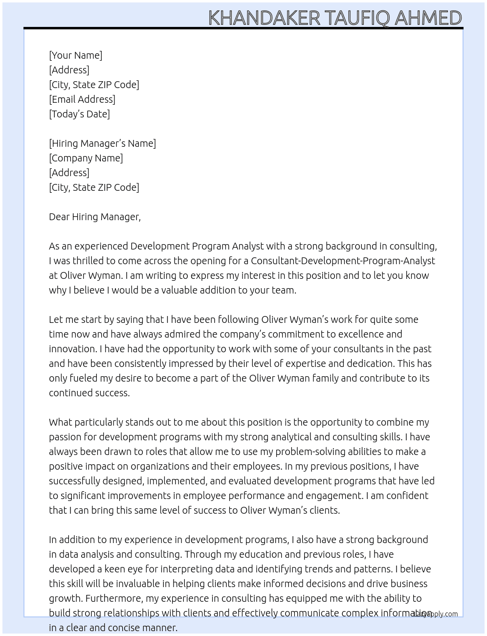 CONSULTANT-DEVELOPEMENT-PROGRAM-ANALYST At Oliver Wyman Cover Letter