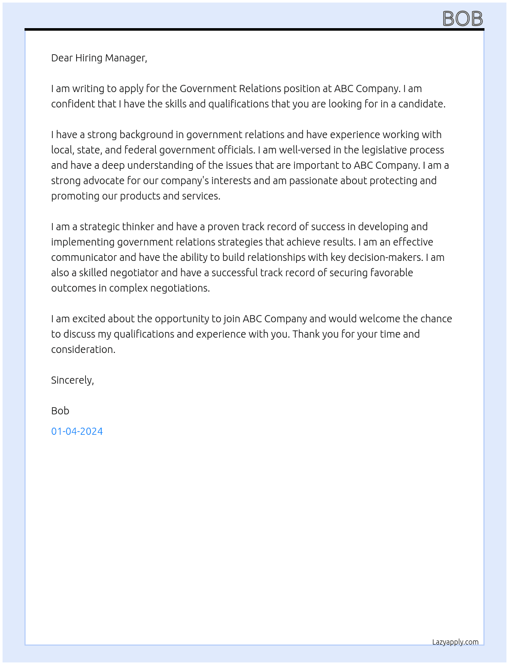 Government Relations At ABC Company Cover Letter