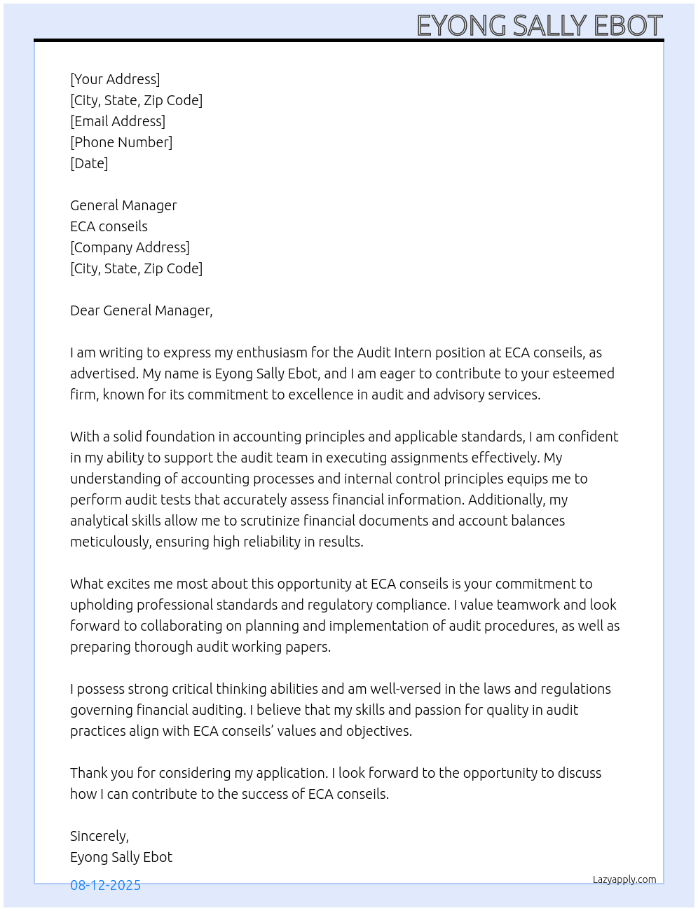 audit intern At ECA conseils Cover Letter