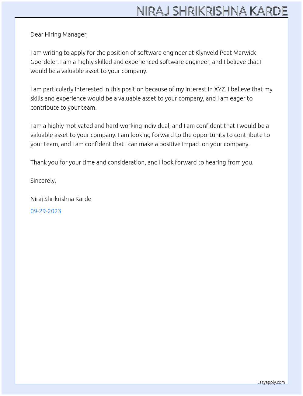 software engineering At Klynveld Peat Marwick Goerdeler Cover Letter