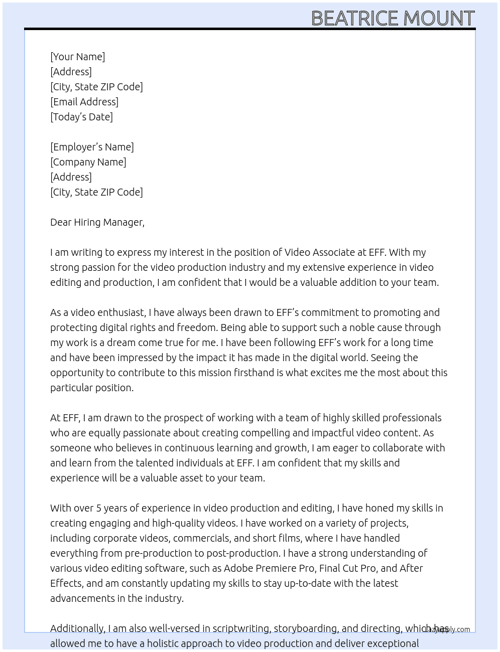 video associate At EFF Cover Letter