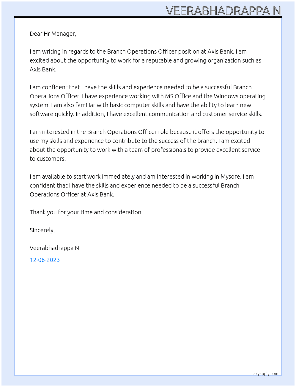Cover letter for branch operation officee - LazyApply
