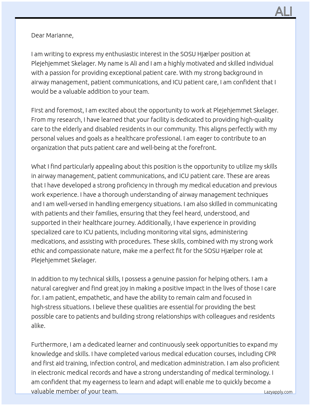 sosu hjælper At plejehjemmet skelager Cover Letter