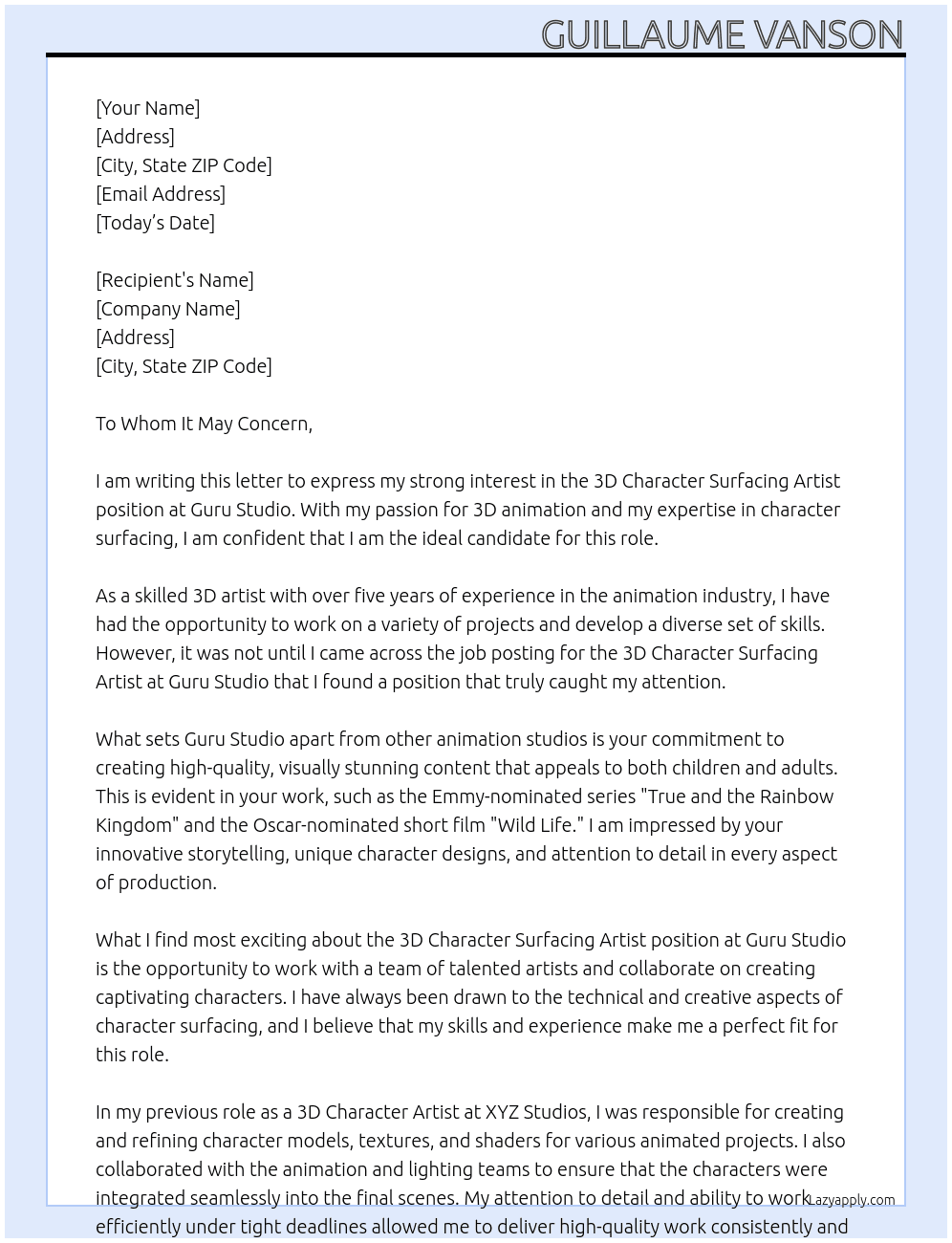 Cover letter for 3d character surfacing artist - LazyApply