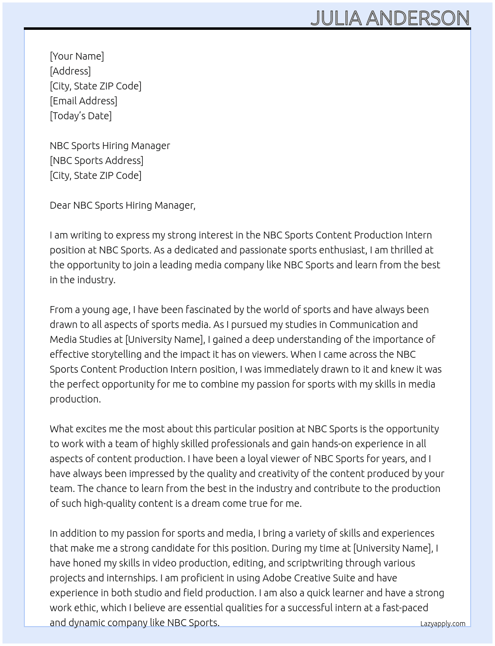 NBC Sports Content Production Intern At NBC Sports  Cover Letter