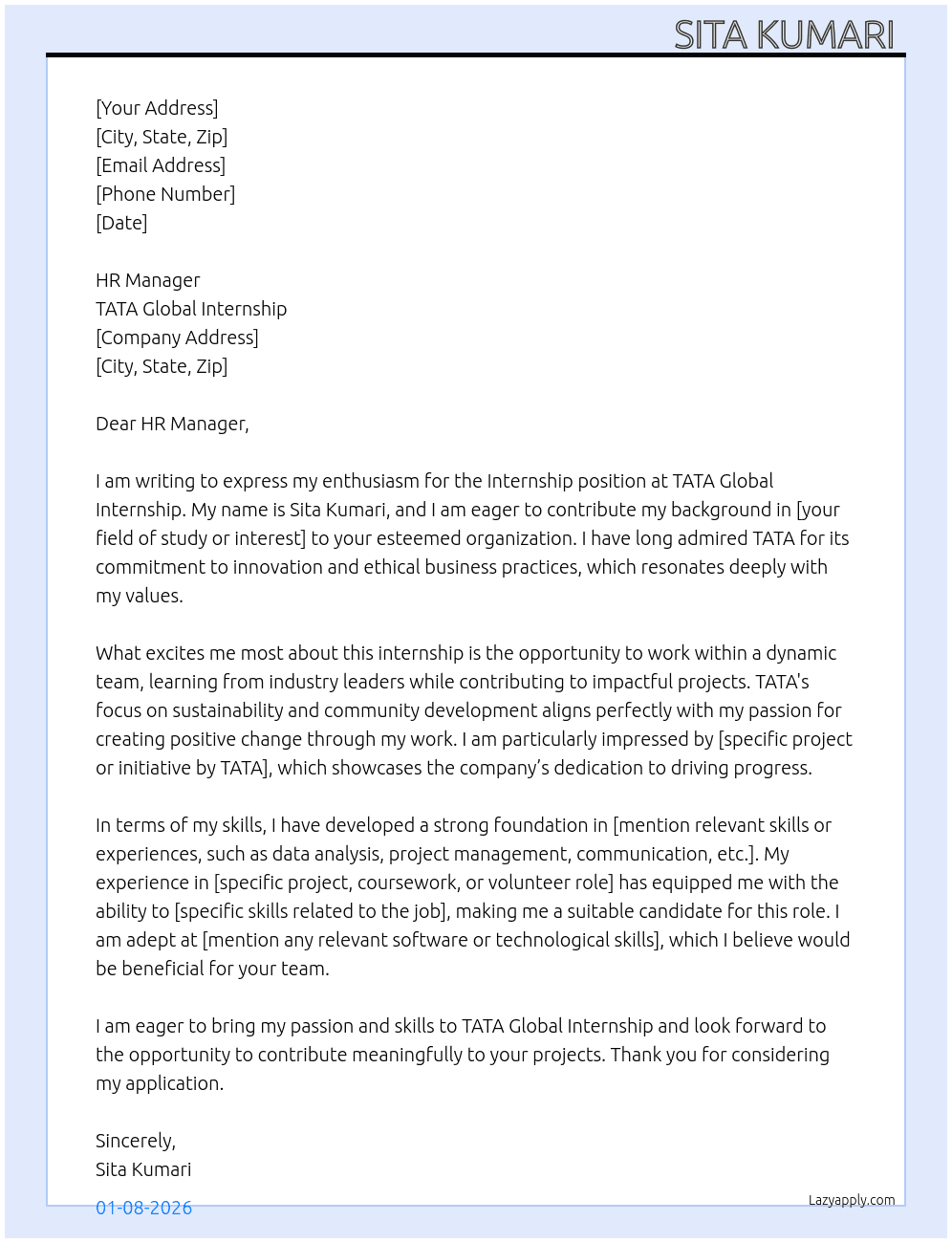 Internship  At TATA Global Internship  Cover Letter