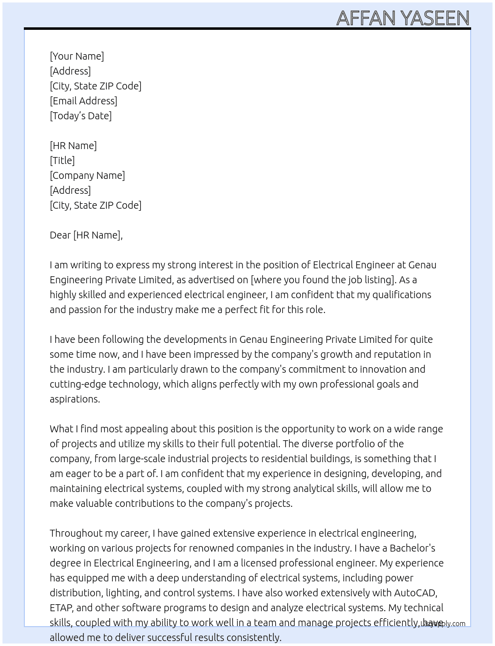 Electrical Engineer At Genau Engineering Private Limited Cover Letter