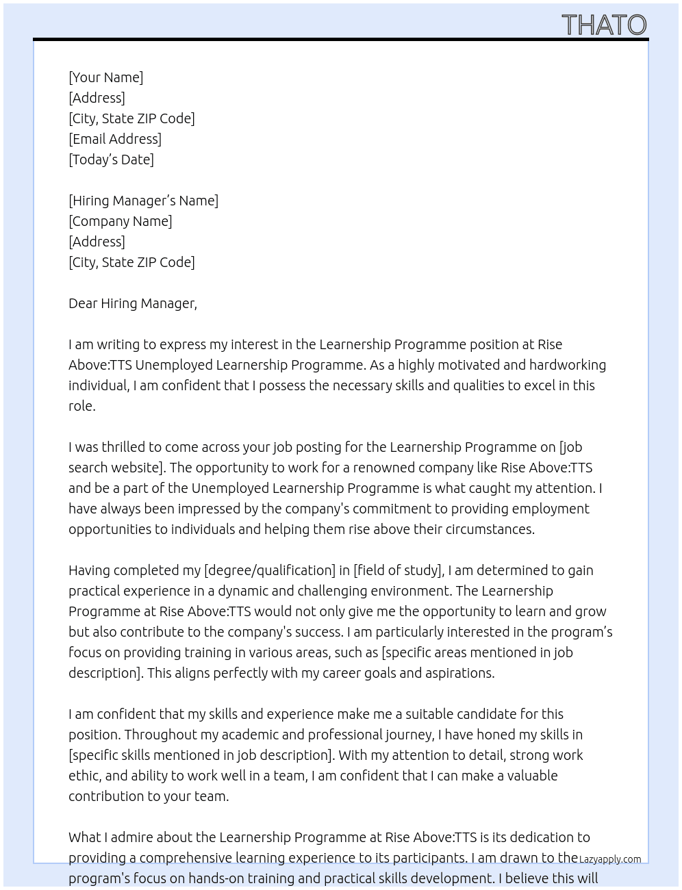 Learnership Programme  At Rise Above:TTS Unemployed Learnership Programme  Cover Letter