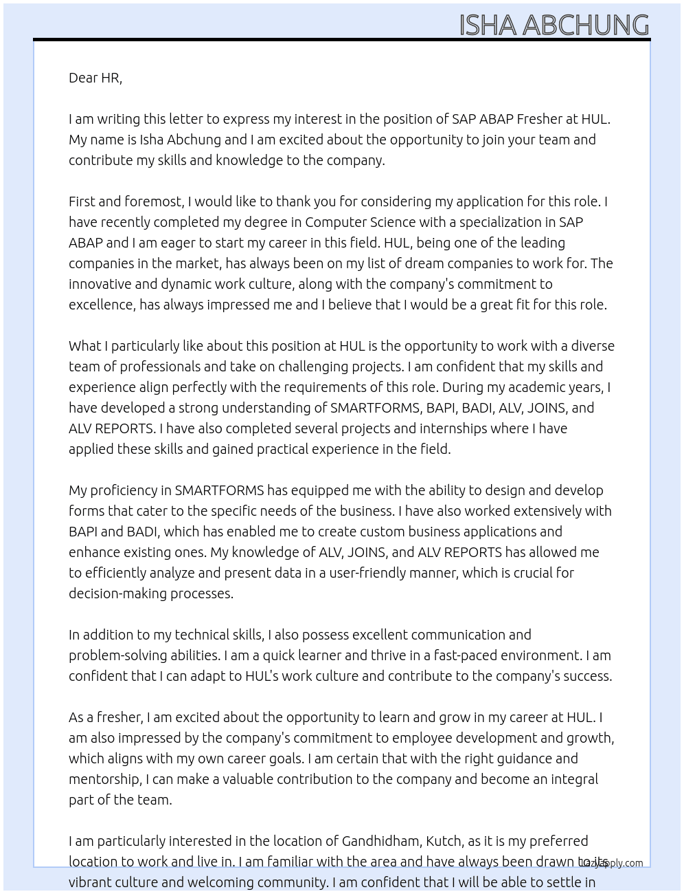 SAP ABAP FRESHER At HUL Cover Letter