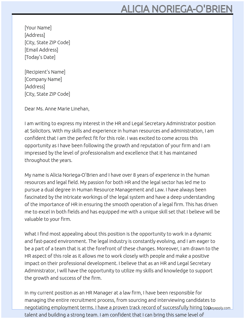 HR and legal secretary administrator At Solicitors Cover Letter