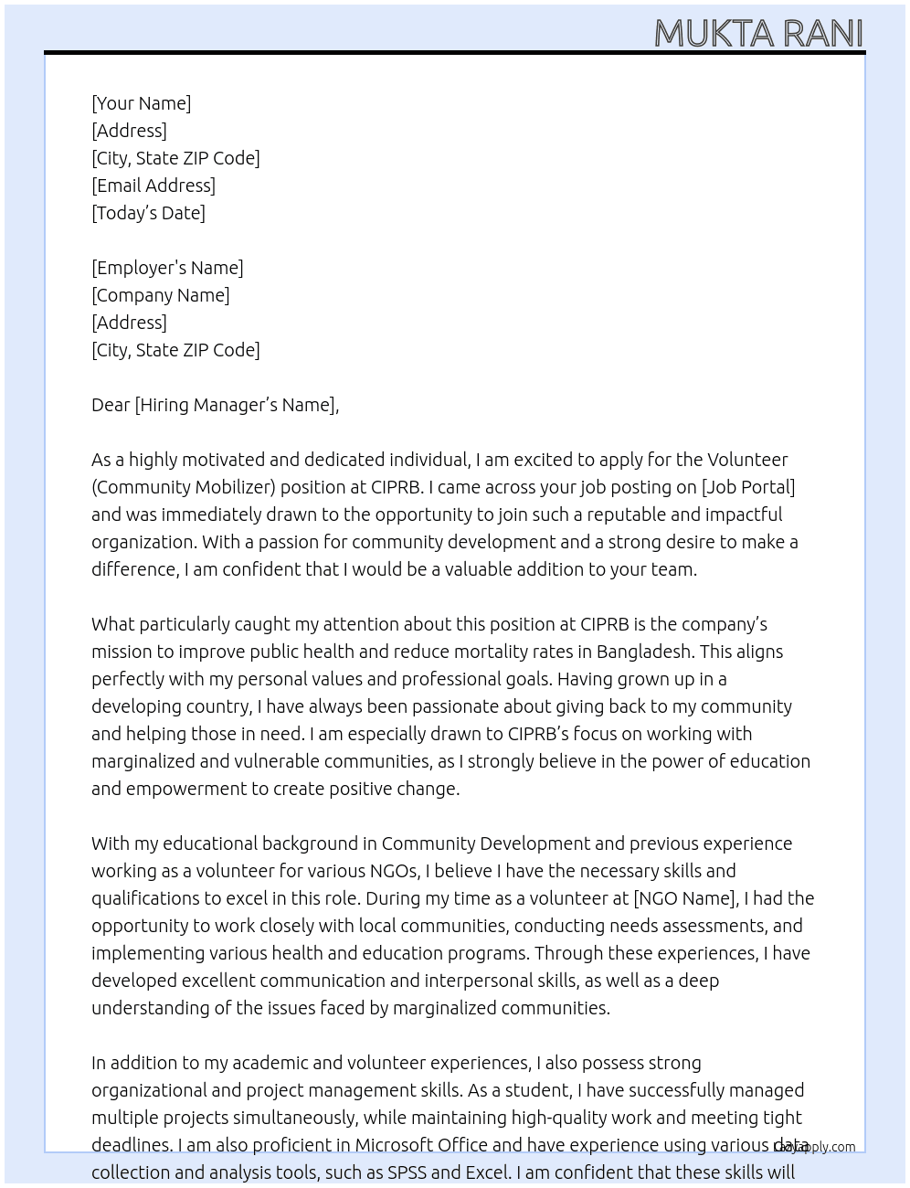 Volunteer (Community Mobilizer) At CIPRB Cover Letter