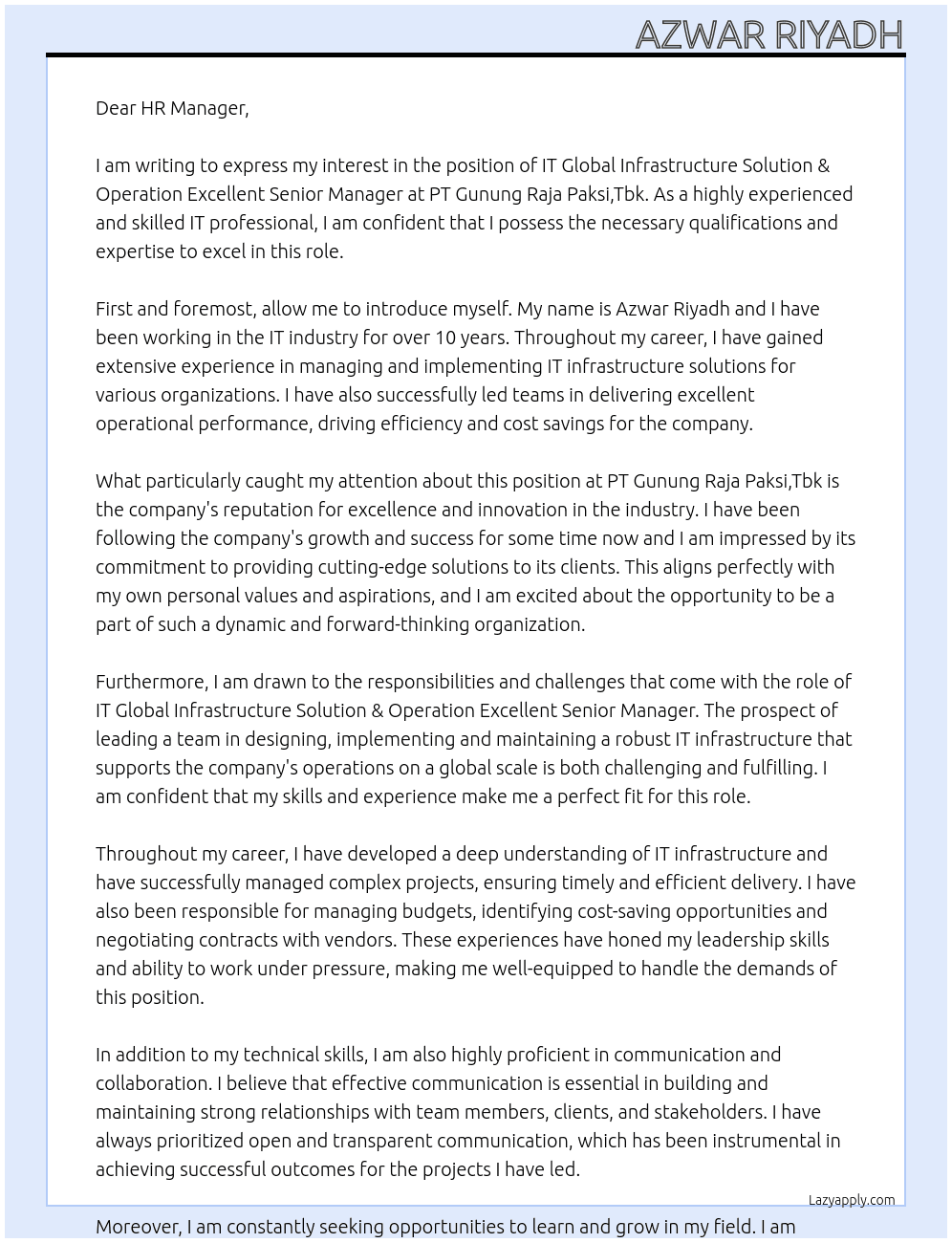 IT GLOBAL INFRASTRUCTURE SOLUTION & OPERATION EXCELLENT SENIOR MANAGER At PT Gunung Raja Paksi,Tbk Cover Letter