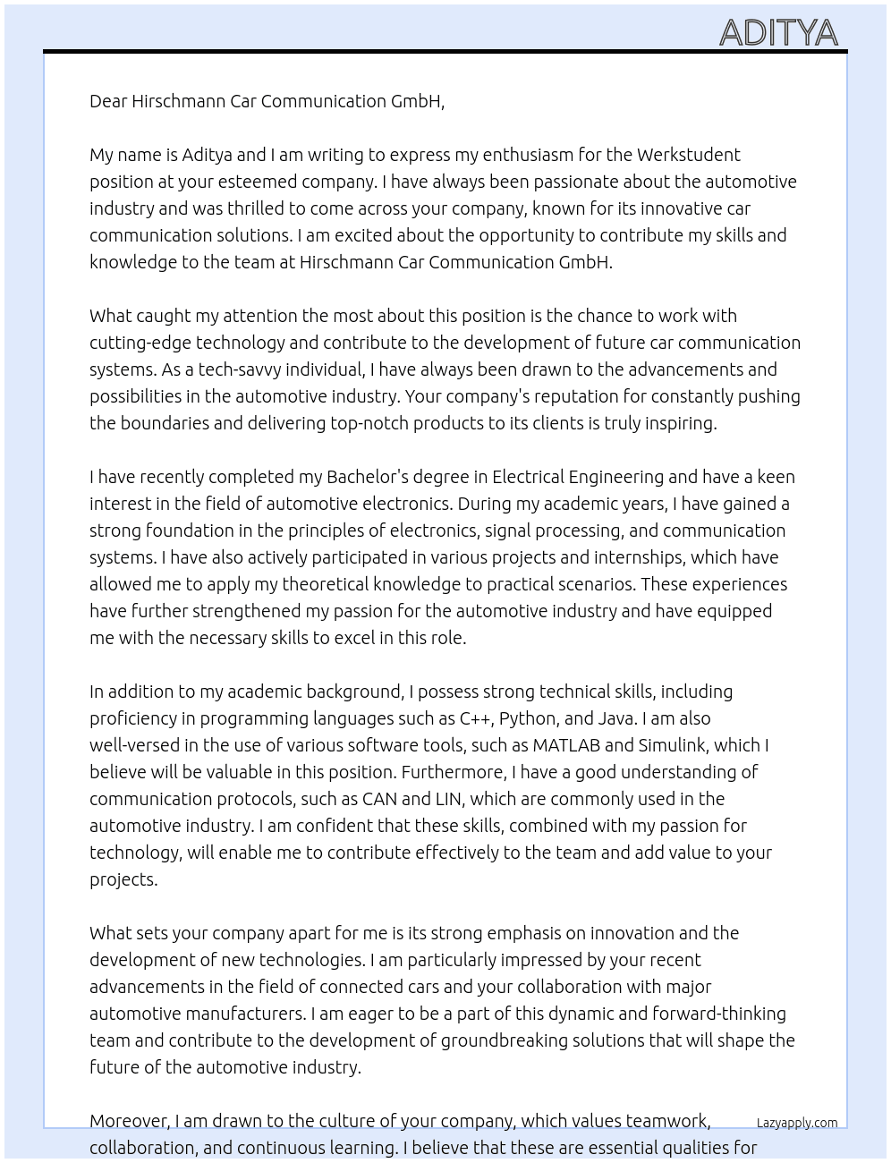 Cover letter for werkstudent - LazyApply