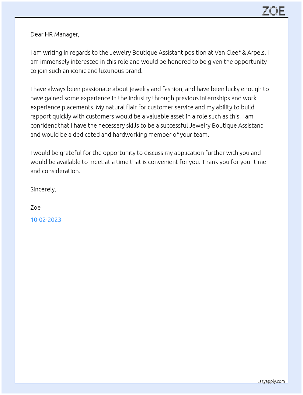 Jewelry Boutique Assistant At Van Cleef & Arpels Cover Letter
