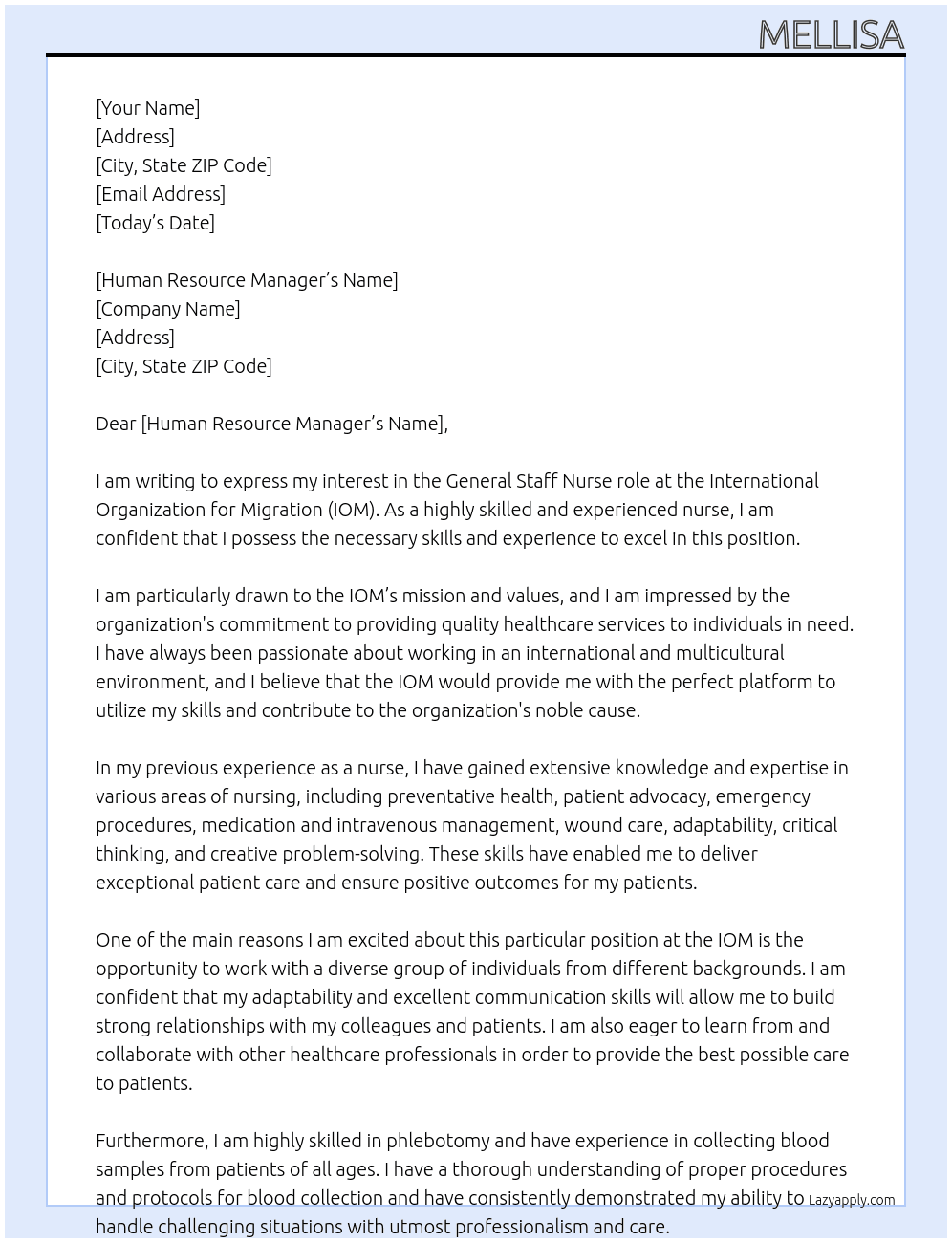 NURSE At International organisation for migration  Cover Letter