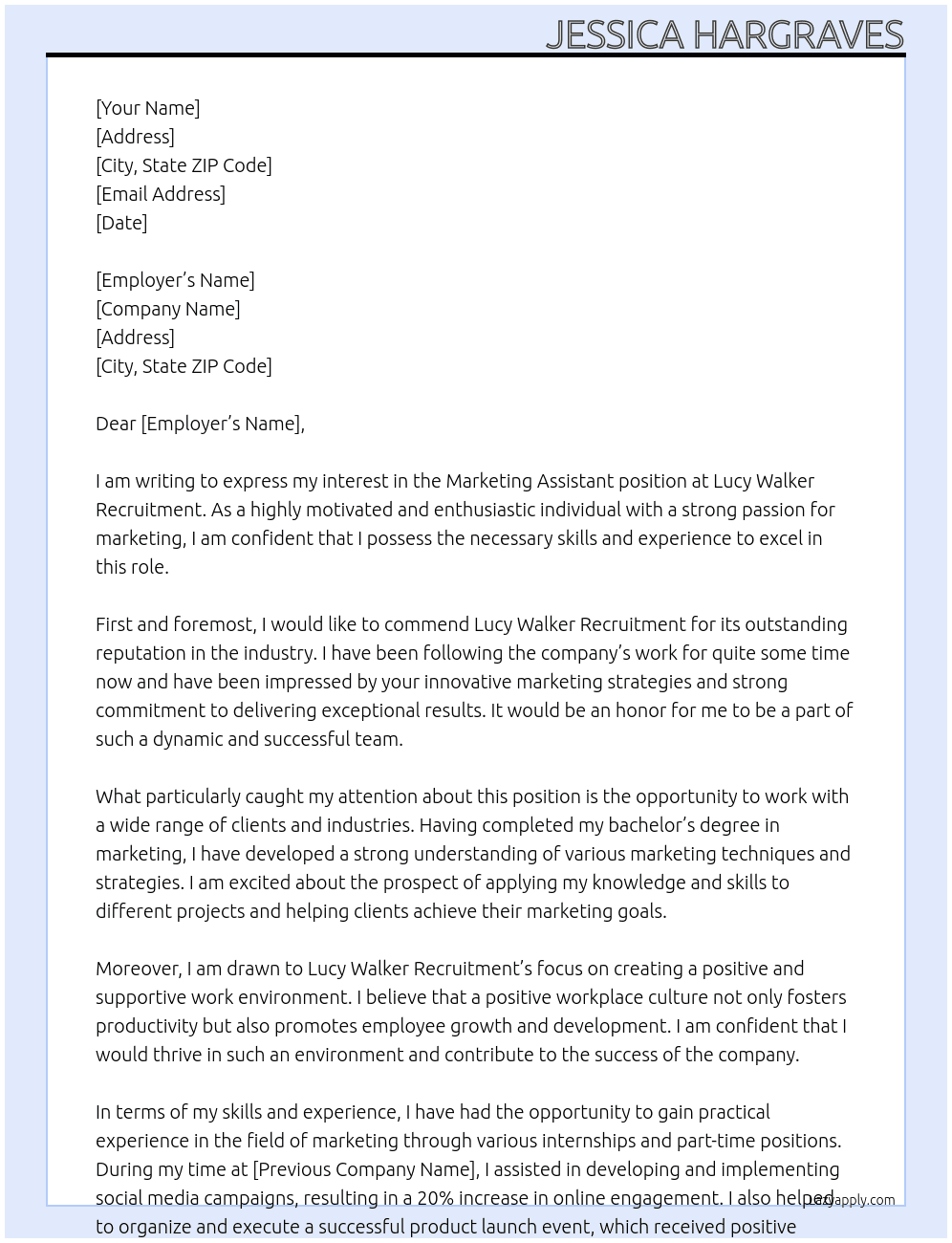 Marketing Assistant At Lucy Walker Recruitment Cover Letter