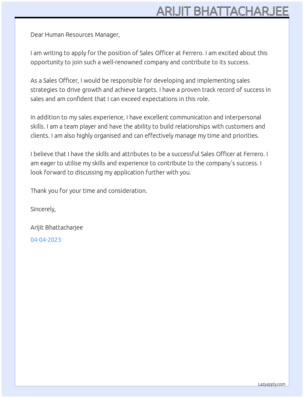 Sales Officer At Ferrero Cover Letter