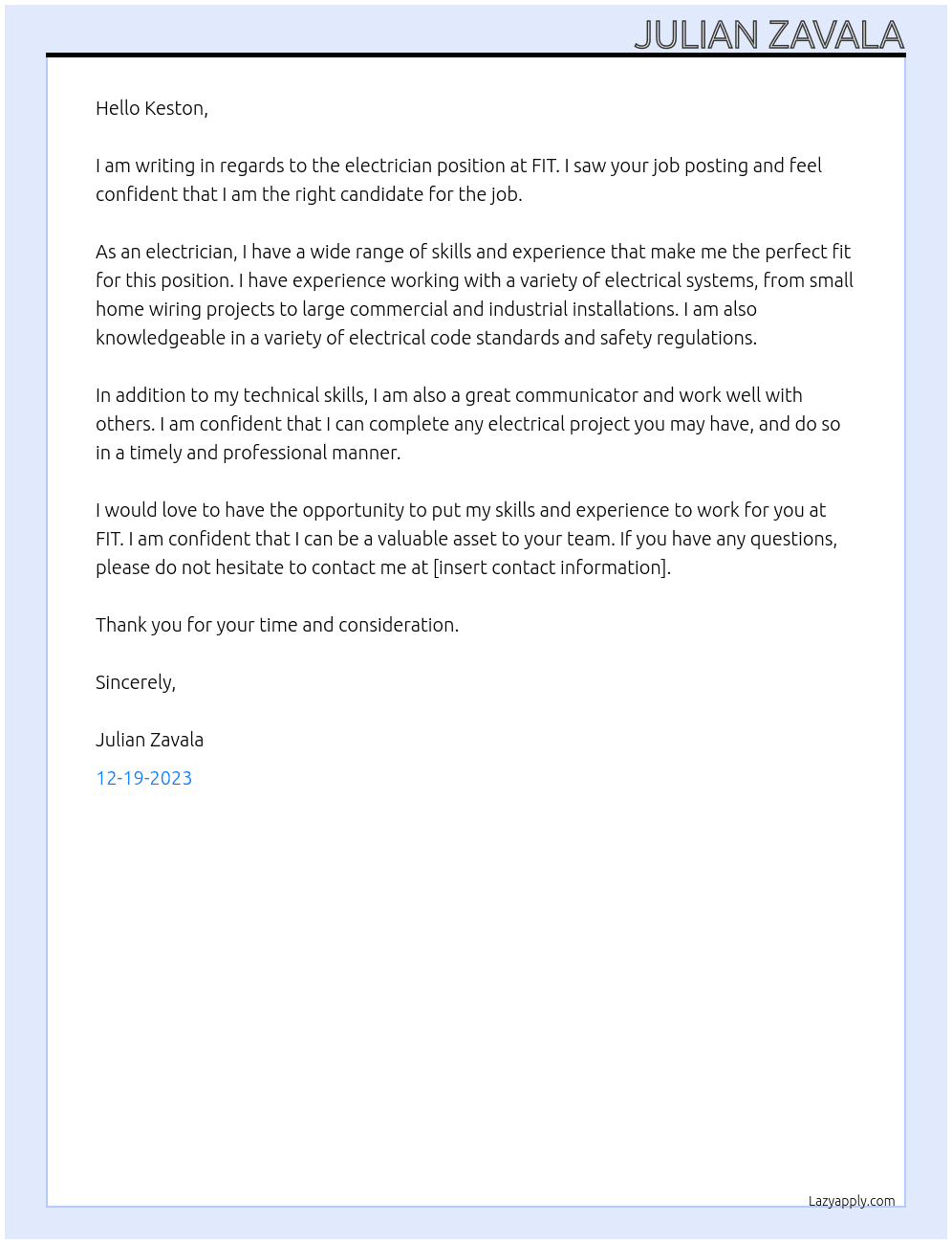 Electrician  At FIT Cover Letter