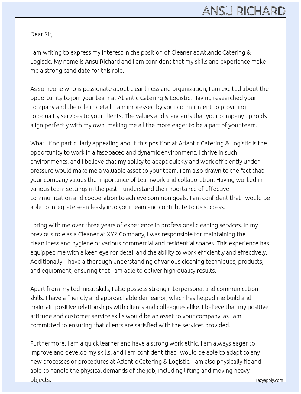 Cleaner At Atlantic Catering & Logistic Cover Letter