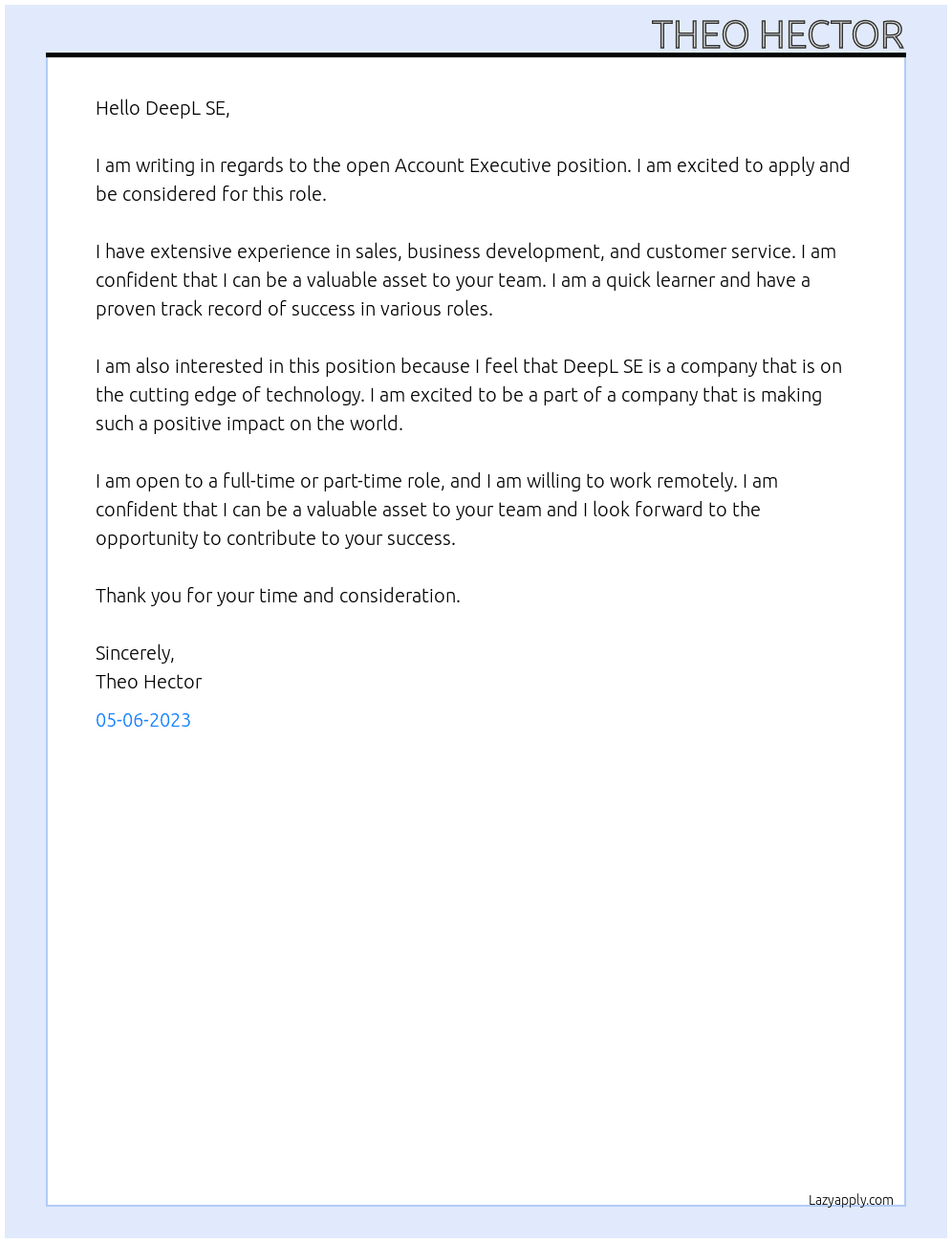 Account Executive  At DeepL SE Cover Letter