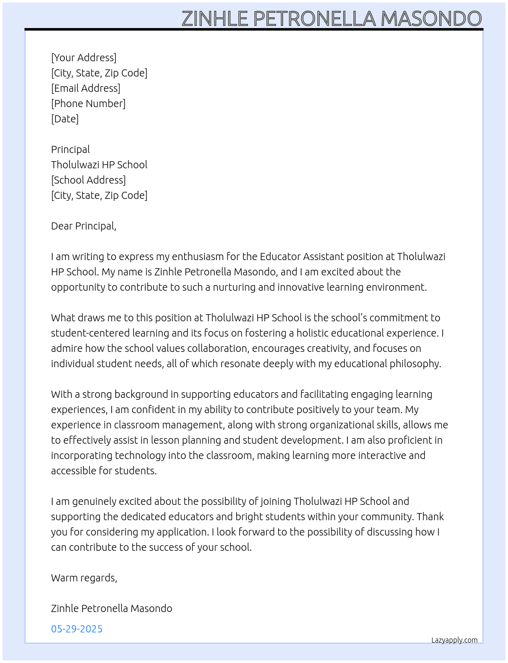 Educator Assistant  At Tholulwazi HP School Cover Letter