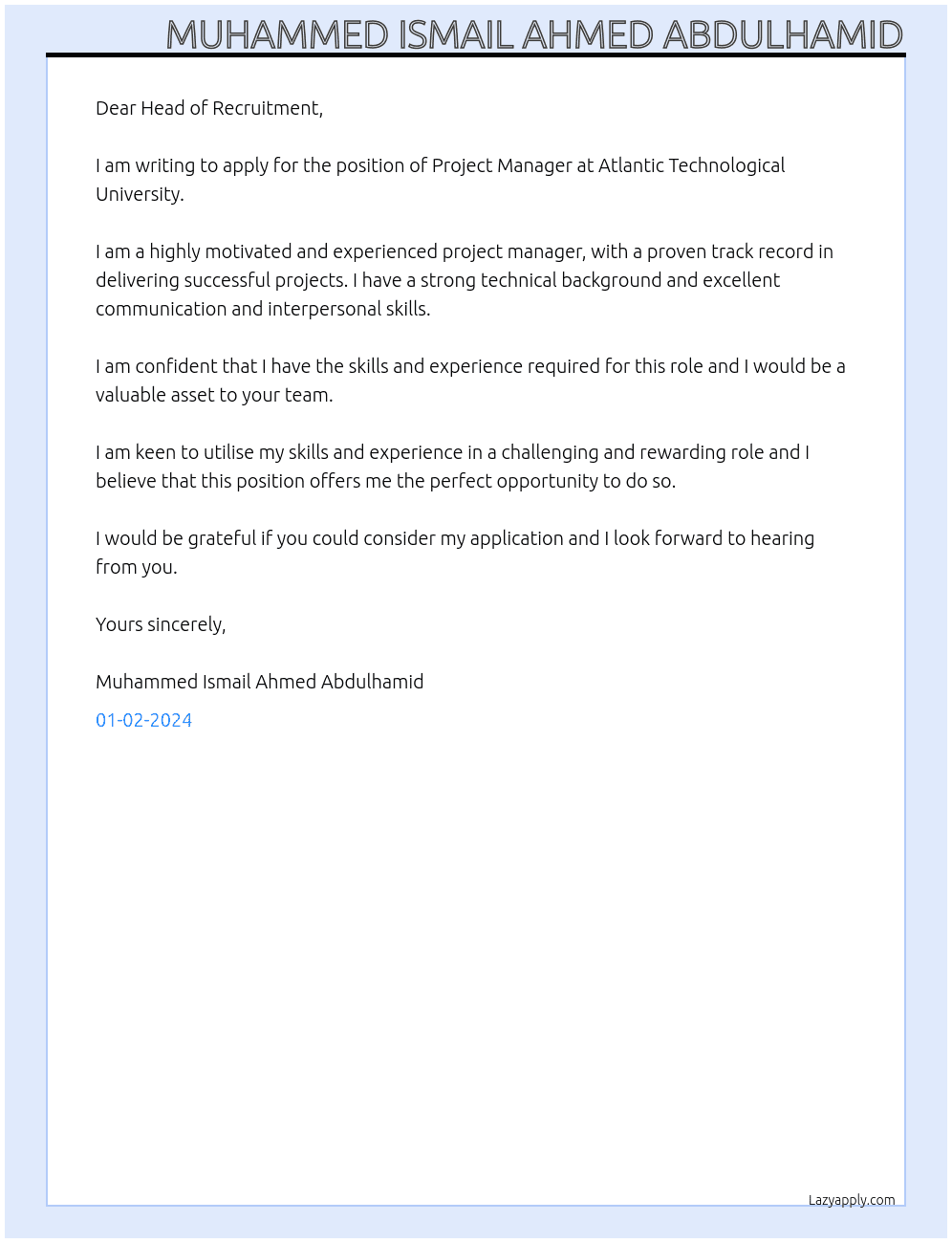 Project Manager At Atlantic Technological University Cover Letter