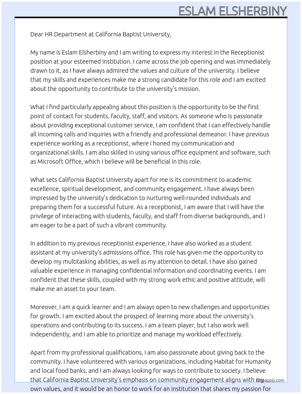 Receptionist At California Baptist university  Cover Letter