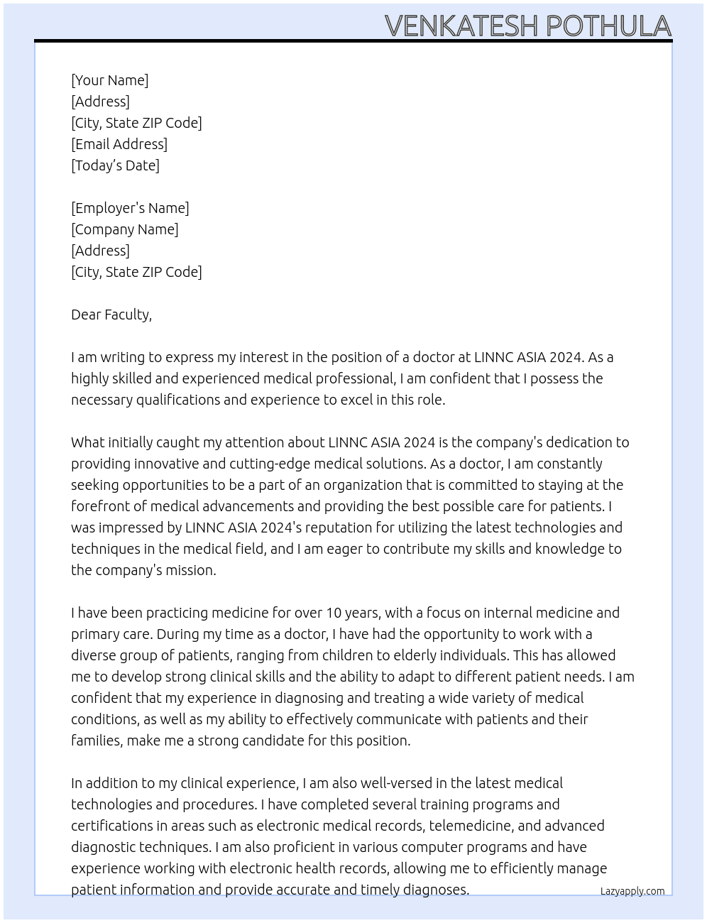doctor At LINNC ASIA 2024 Cover Letter