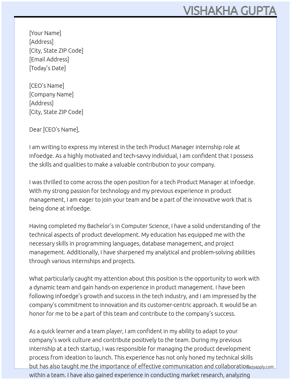 tech Product manager At infoedge Cover Letter