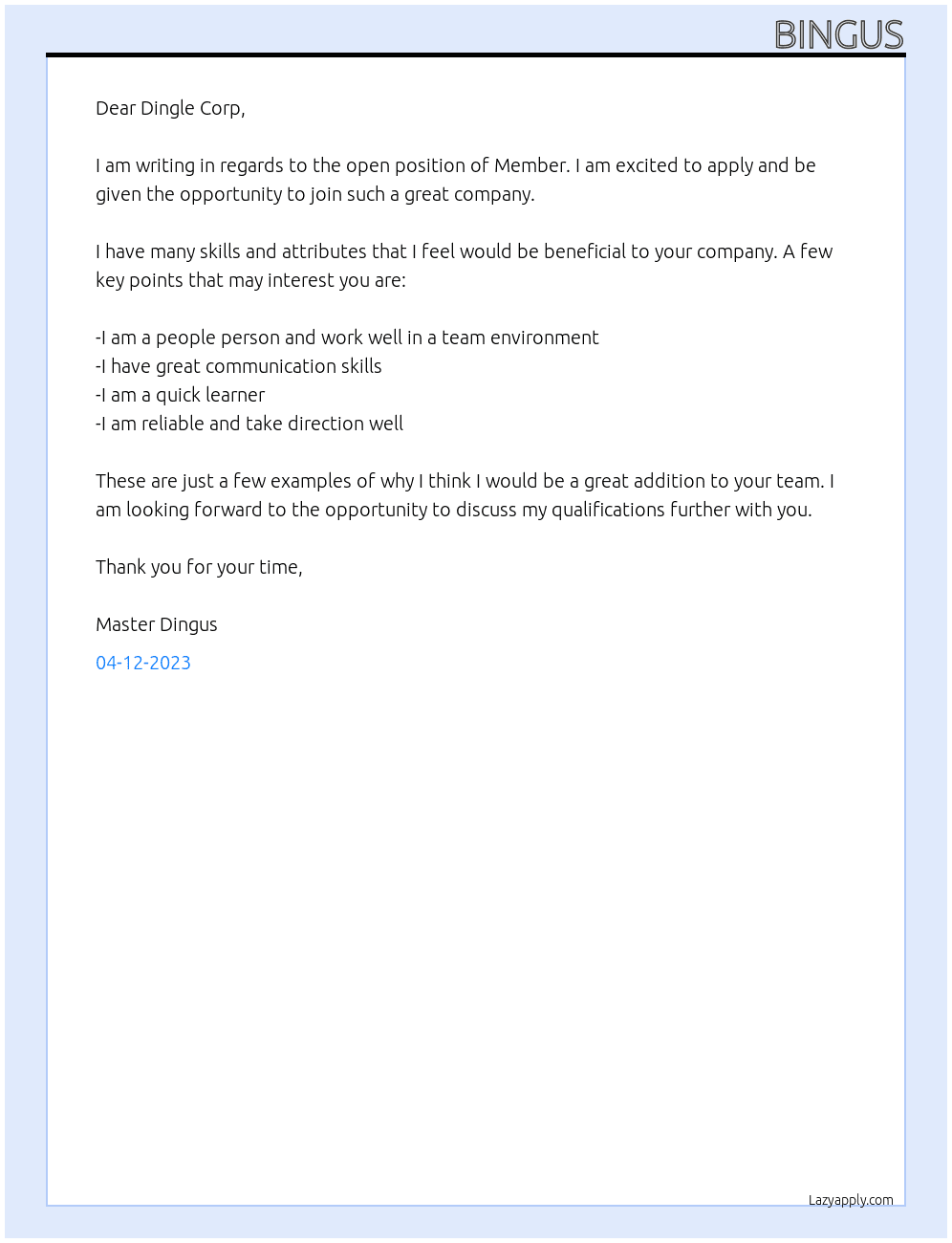 Member At dingle corp Cover Letter