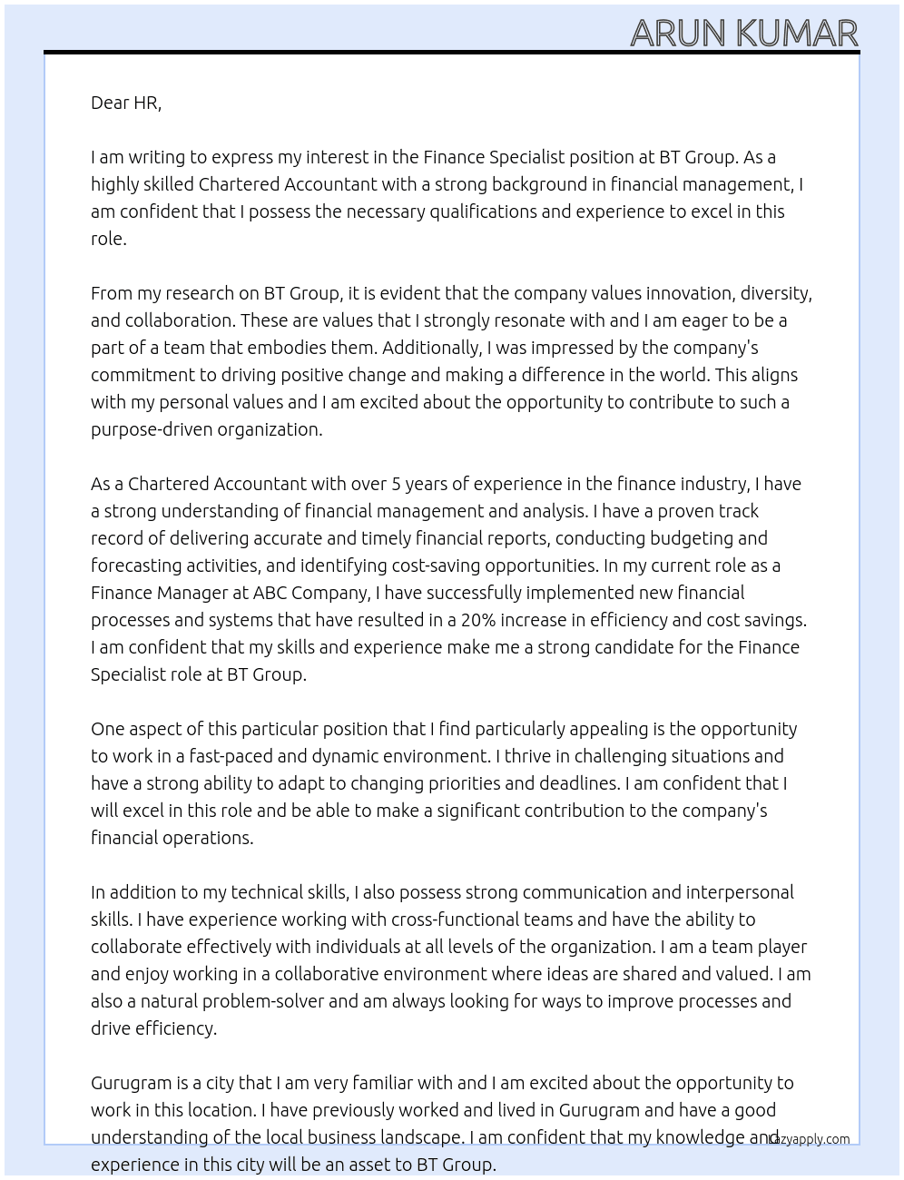 Finance Specialist At BT Group Cover Letter