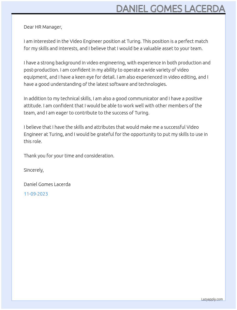 Video Engineer At Turing Cover Letter