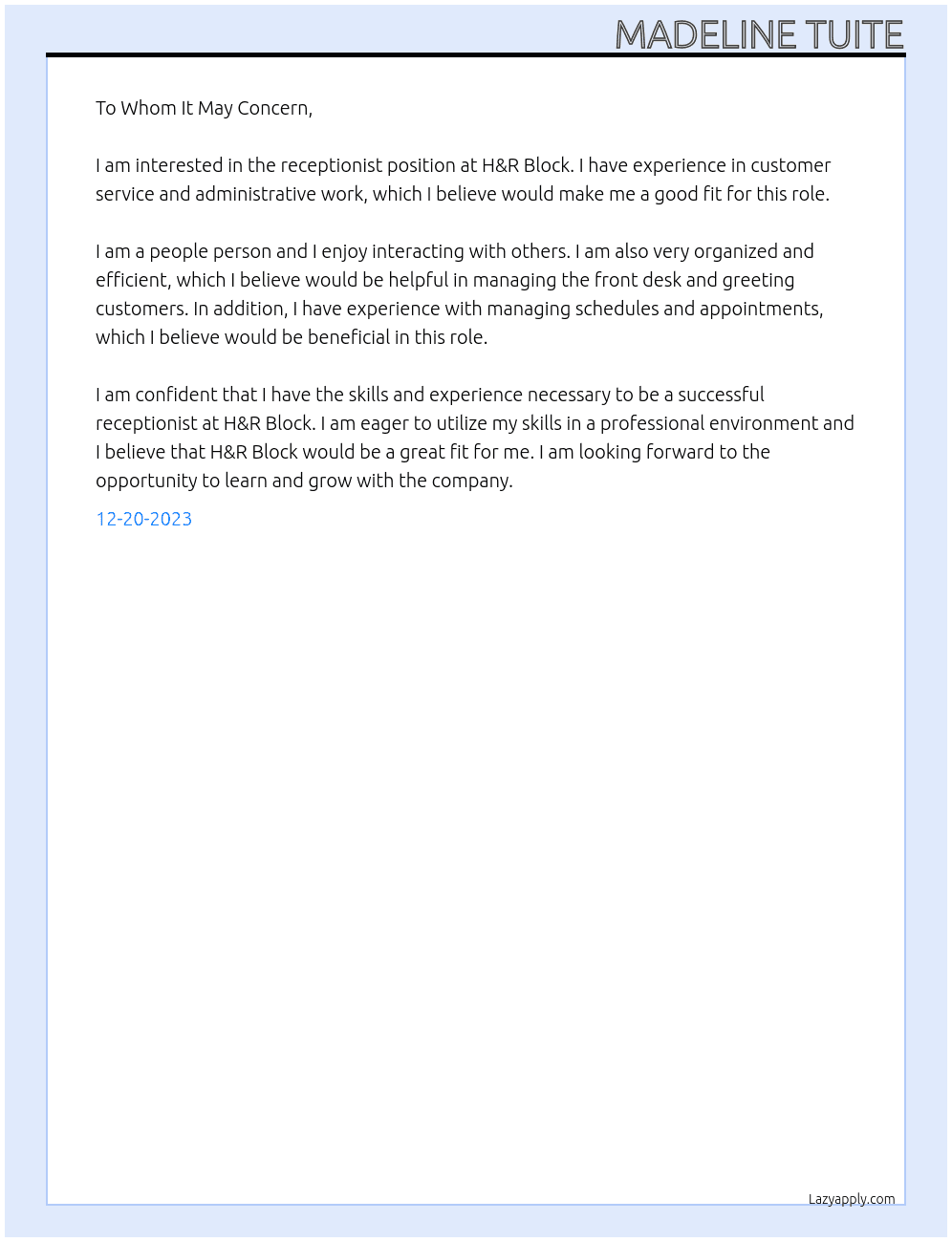 Receptionist At H&R Block Cover Letter