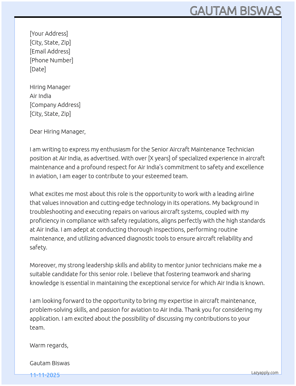Cover letter for senior aircraft maintenance technician - LazyApply