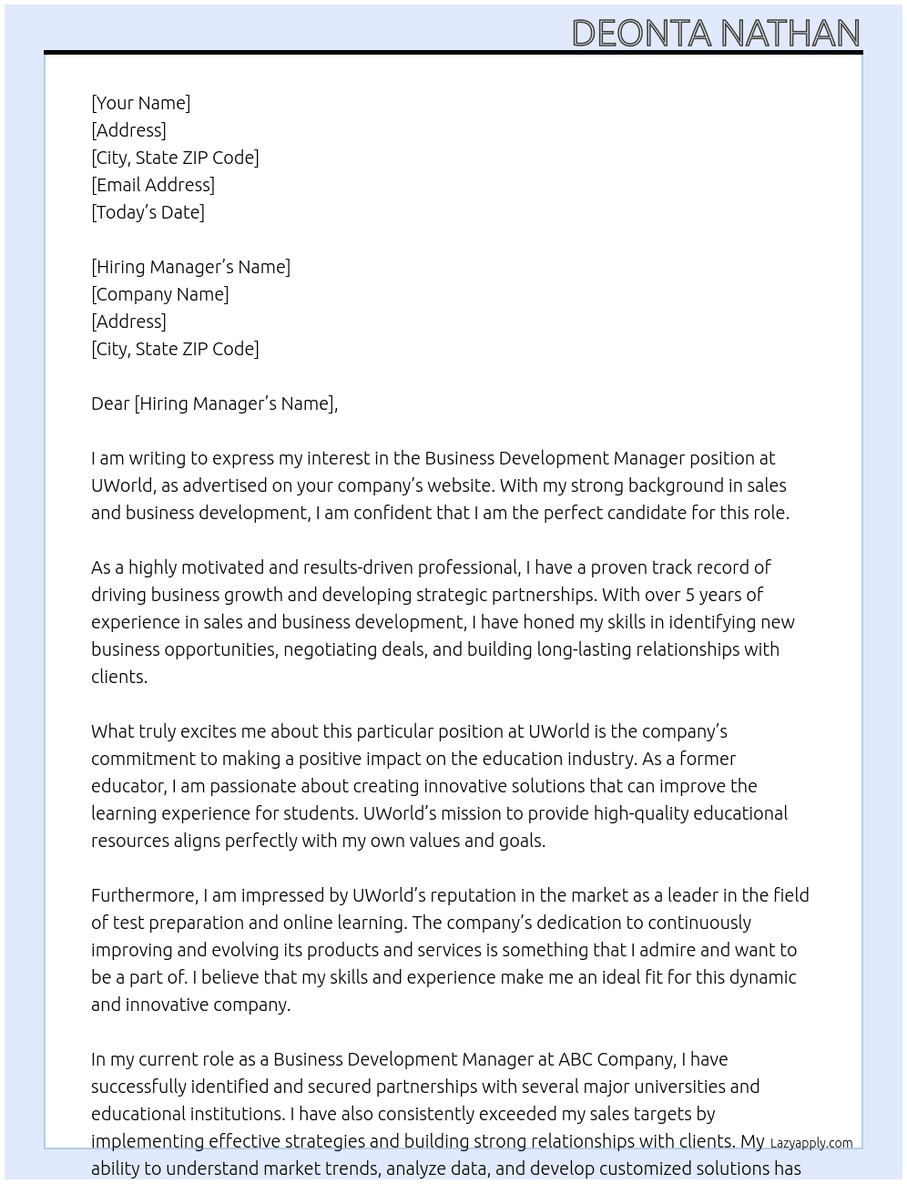 Business Development Manager At UWorld Cover Letter
