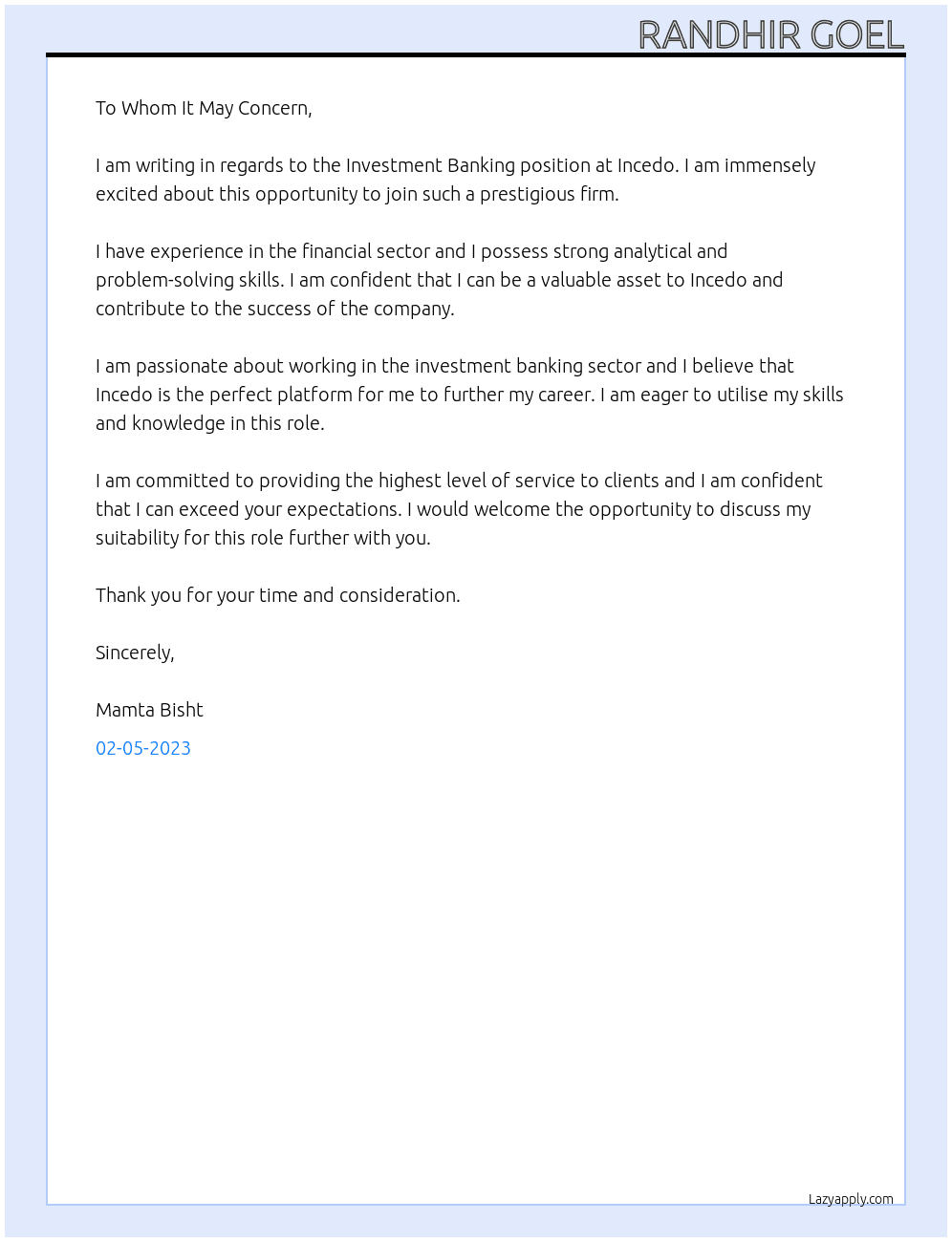 Investment Banking At Incedo Cover Letter
