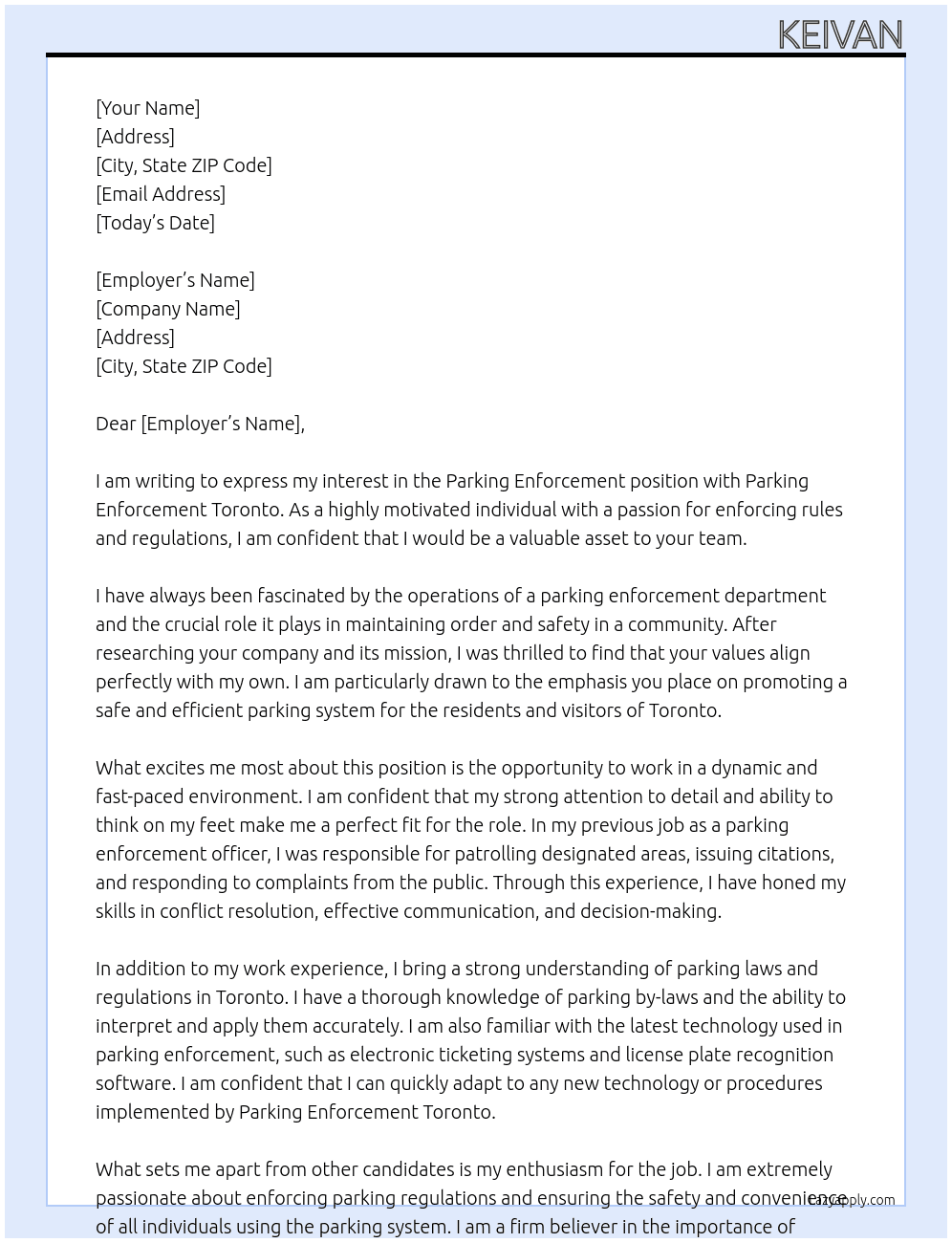 Parking enforcement  At Parking enforcement toronto  Cover Letter