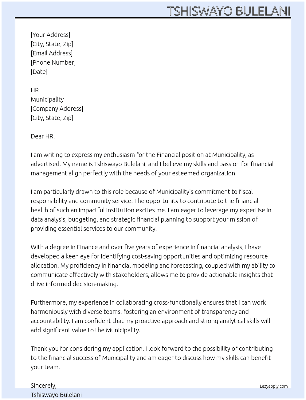 Financial  At Municipality  Cover Letter
