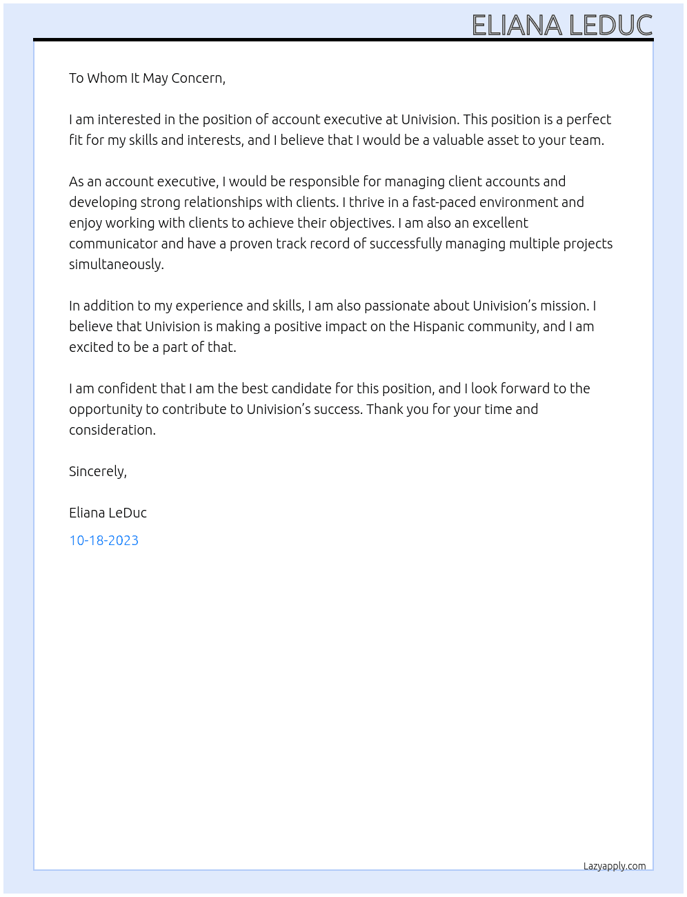 ACCOUNT EXECUTIVE At Univision Cover Letter