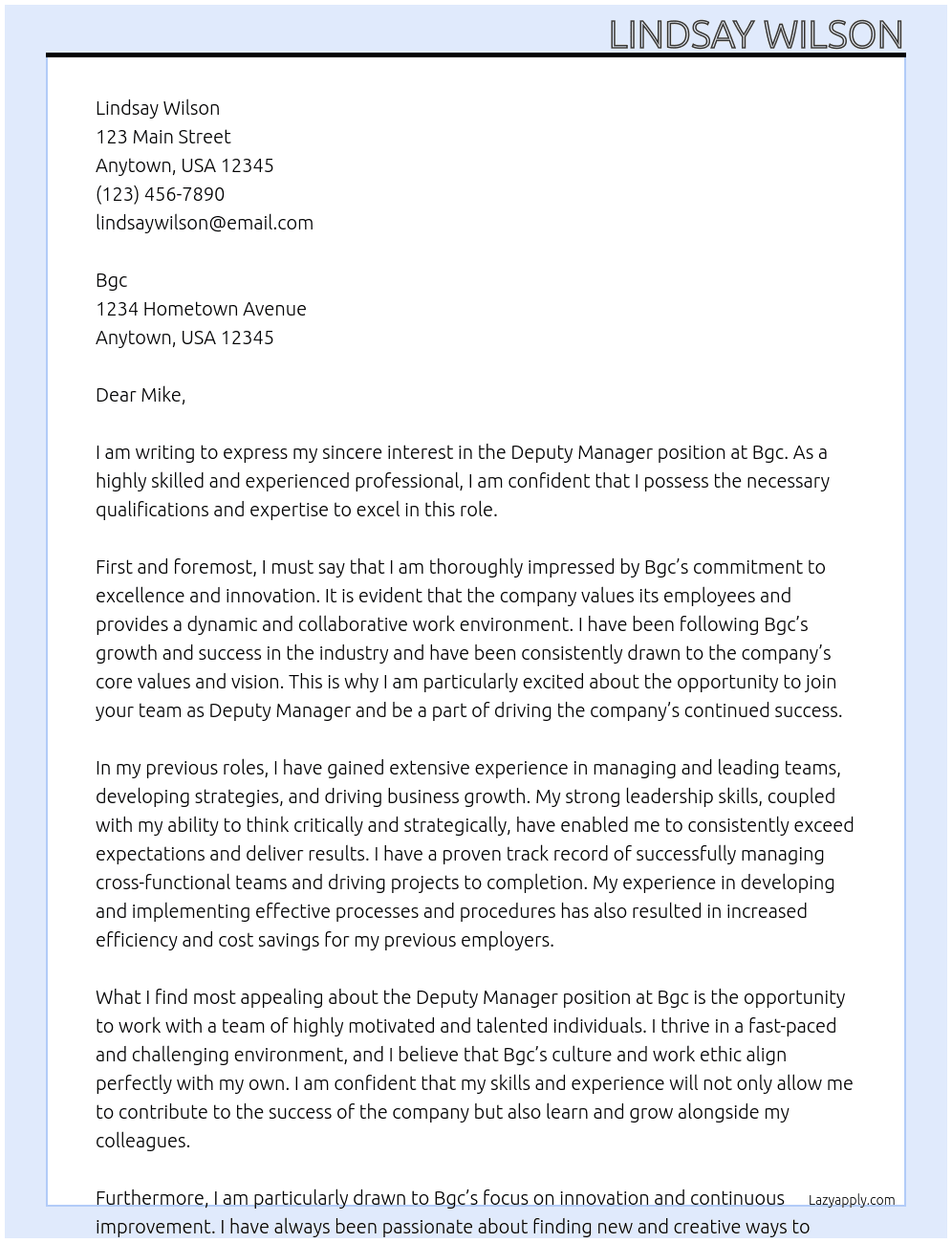 Deputy manager At Bgc Cover Letter