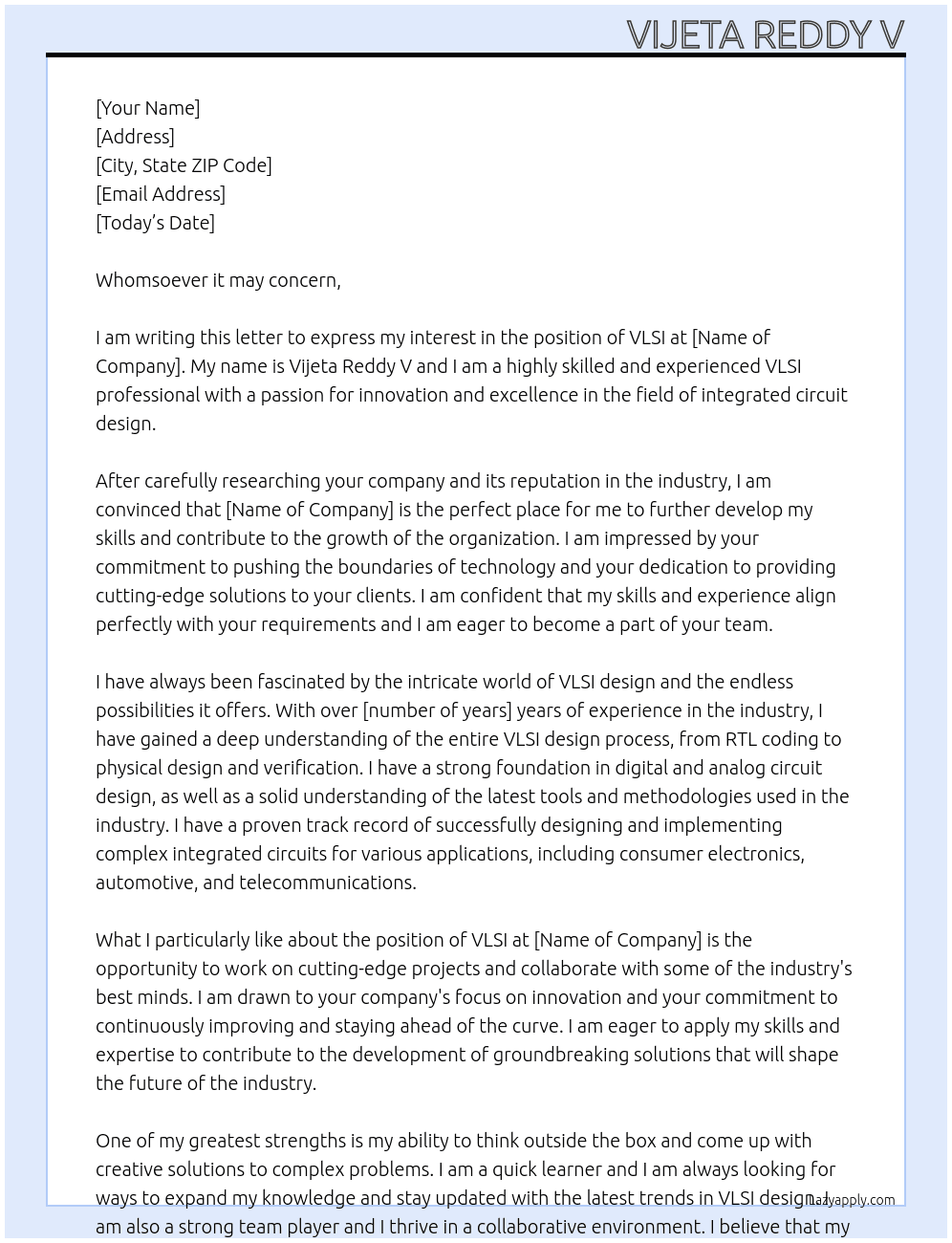 VLSI At in general Cover Letter