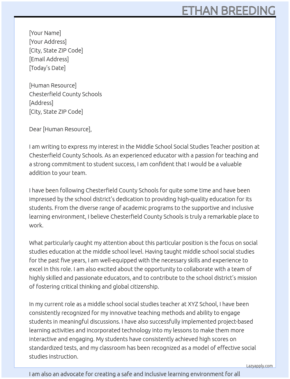 Middle School Social Studies Teacher At Chesterfield County Schools Cover Letter