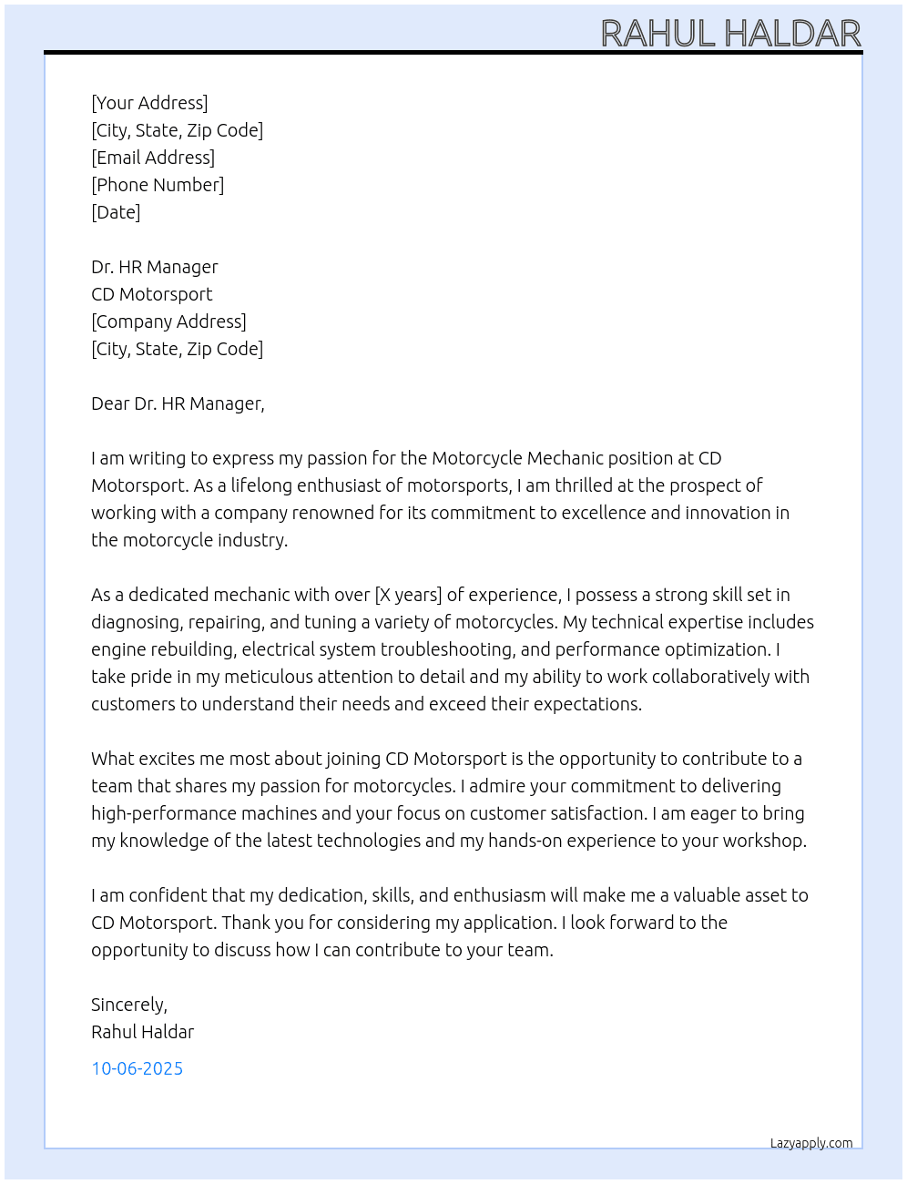 Motorcycle mechanic At CD motorsport Cover Letter