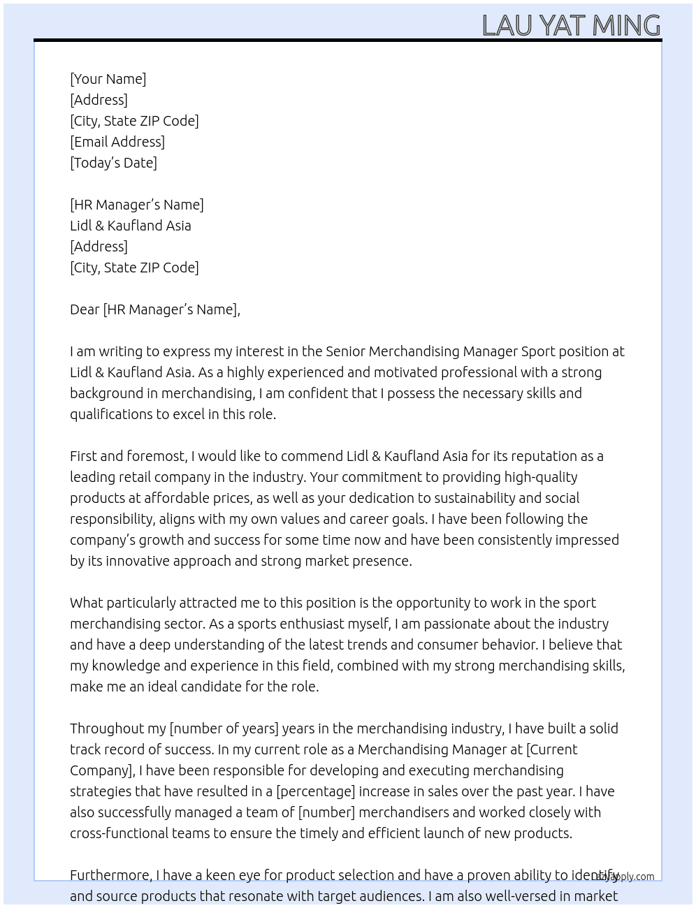 senior merchandising manager sport At Lidl & Kaufland Asia Cover Letter