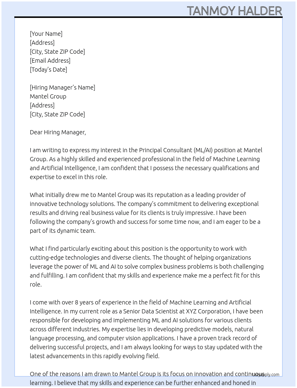 Principal Consultant (ML/AI) At Mantel Group Cover Letter