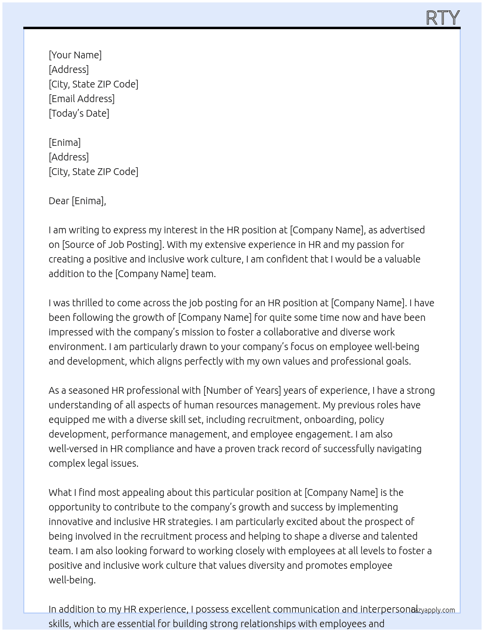 hr At baroda Cover Letter