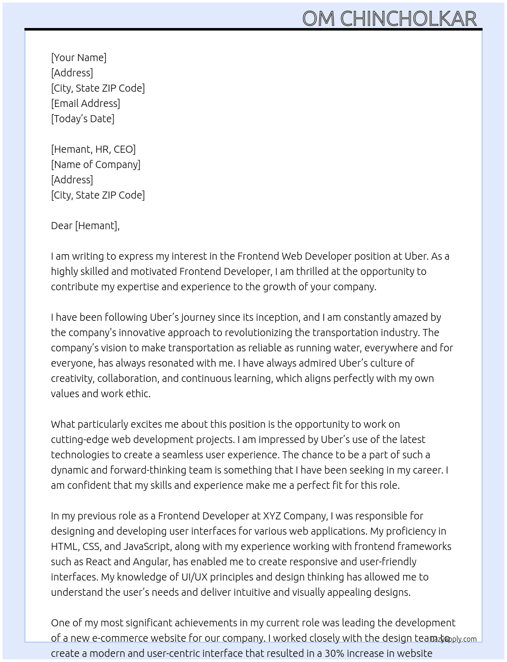 Frontend Web Developer  At Uber Cover Letter