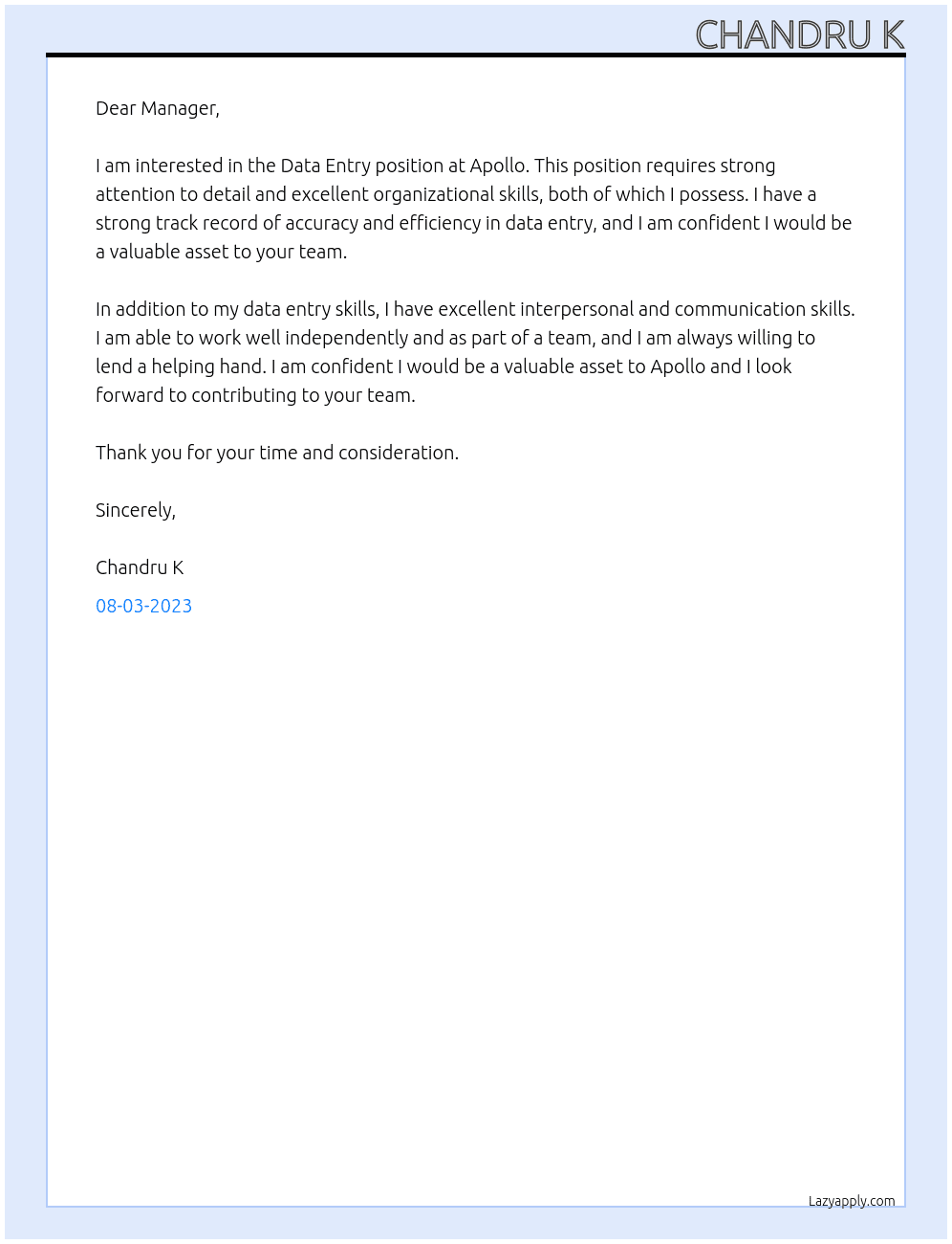 Data entry At Data Entry from Apollo Cover Letter
