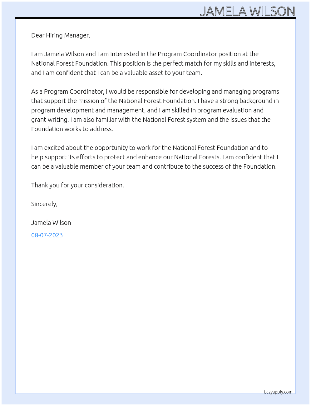 Program Coordinator  At National Forest Foundation Cover Letter